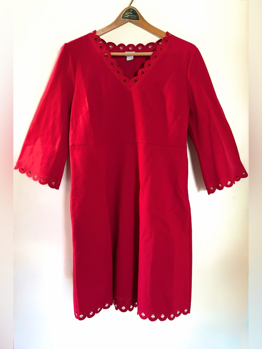 Chico's- Bright Red V-Neck Midi Dress with Scalloped Eyelet Trim